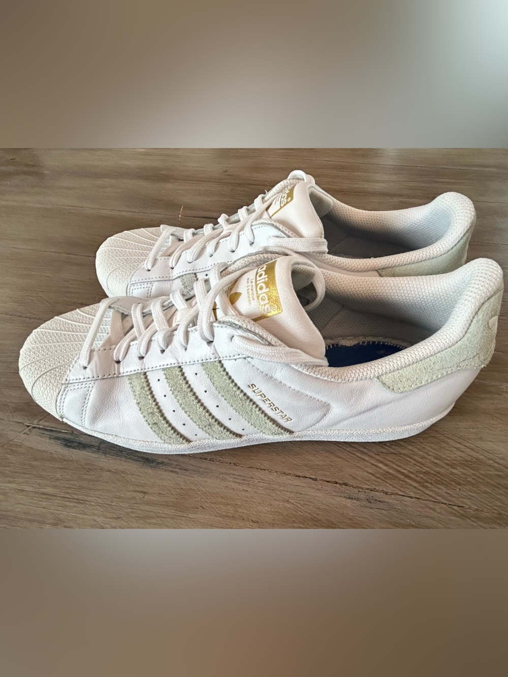 adidas White Sneakers with Beige Suede Stripes and Gold Tongue Logo